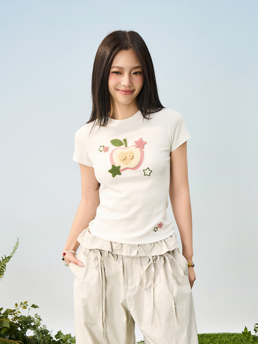 Cartoon Embroidered Plush Apple Stretchy Slim-Fit Round Neck Short Sleeve T-Shirt for Women - Y2K Style