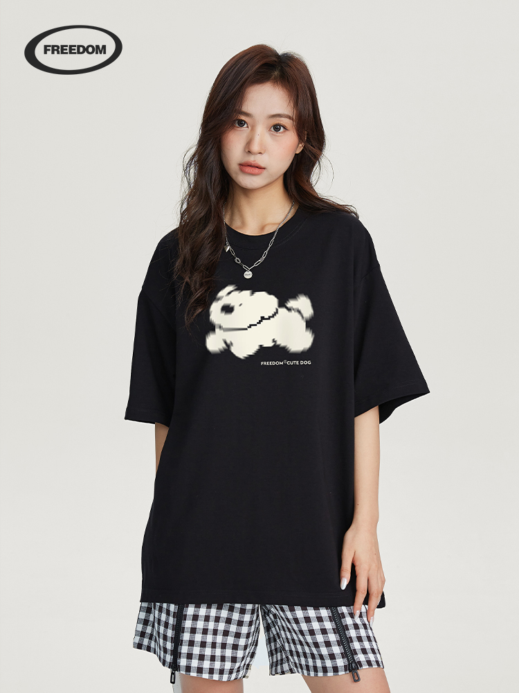Cartoon Graffiti Print Pure Cotton Short-Sleeve T-Shirt for Women, Unique Summer Top, Versatile Couple's Style