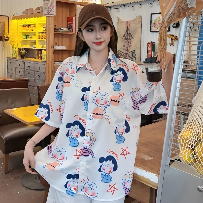 Cartoon Printed Short Sleeve Shirt for Girls - 2025 Summer Beach Top in Loose Hong Kong Style