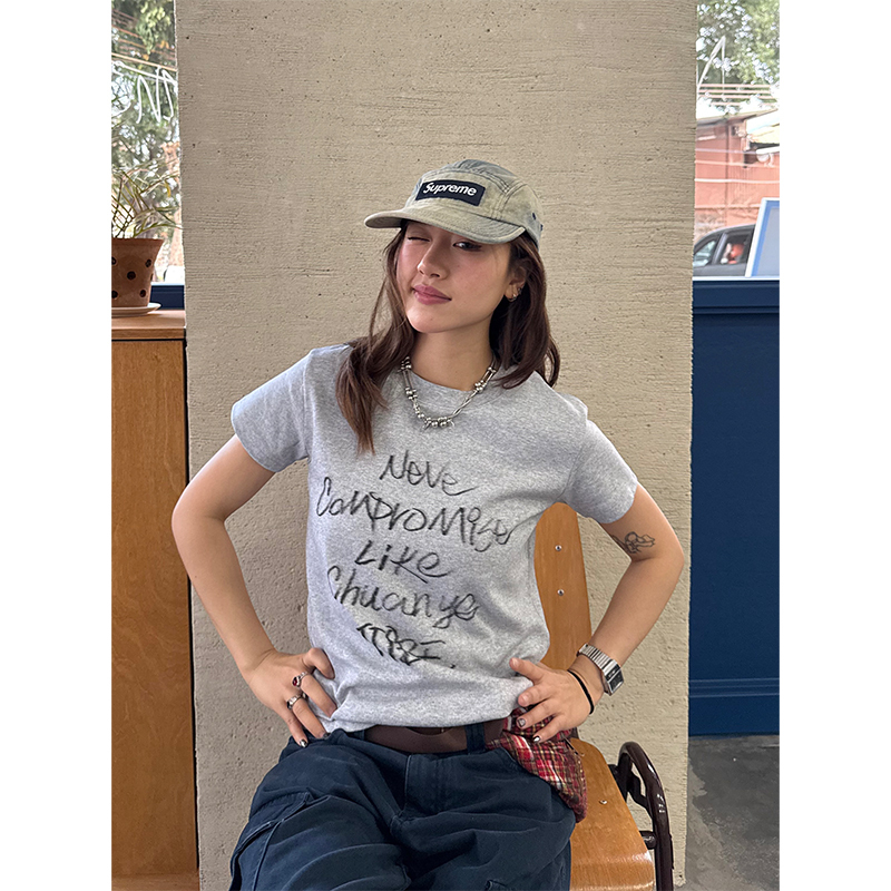 Casual Letter Print Short Sleeve T-Shirt for Women - Versatile Round Neck Summer Top in Spicy Girl Style, Korean Fashion