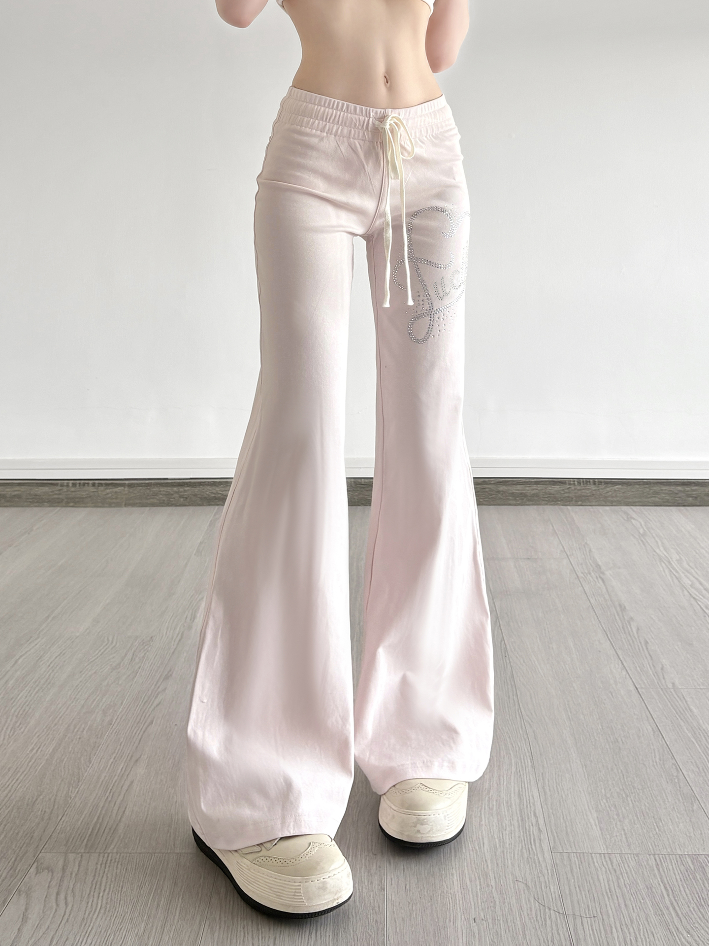 Casual Rhinestone Elastic Waist Drawstring Pants for Women - Versatile Low Waist Slightly Flared Slim Long Trousers, Y2K Style