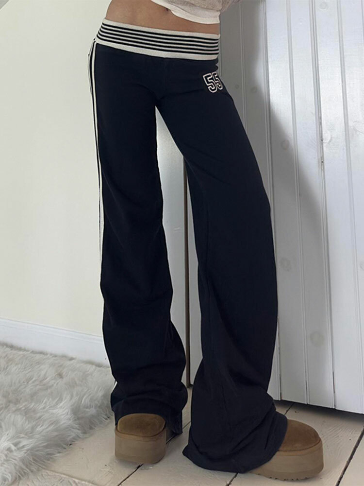 Casual Striped Waistband Digital Print Pants for Women - Low Waist Slim Fit Straight Leg Knit Trousers, American Street Style
