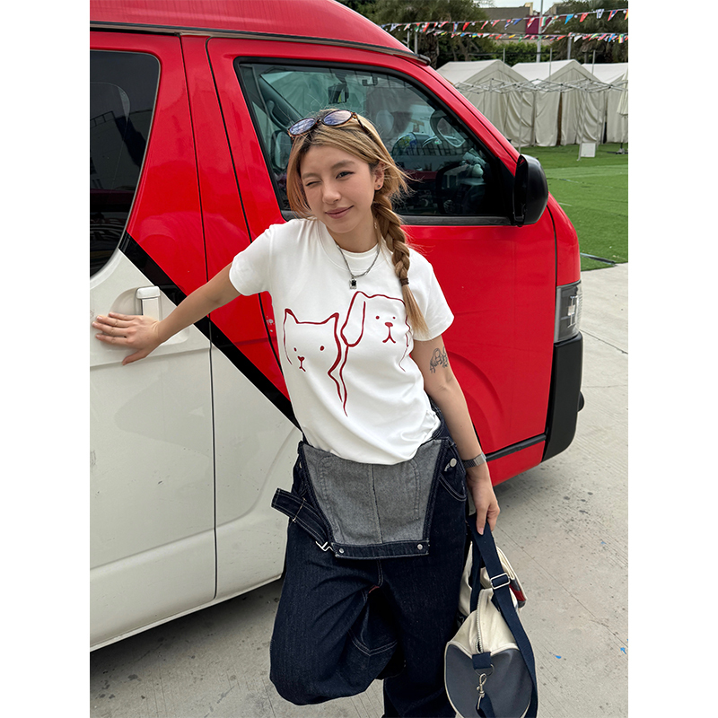 Casual Summer Cartoon Graphic T-Shirt for Women - American Style Straight Shoulder, Round Neck, Slightly Loose Short Sleeves
