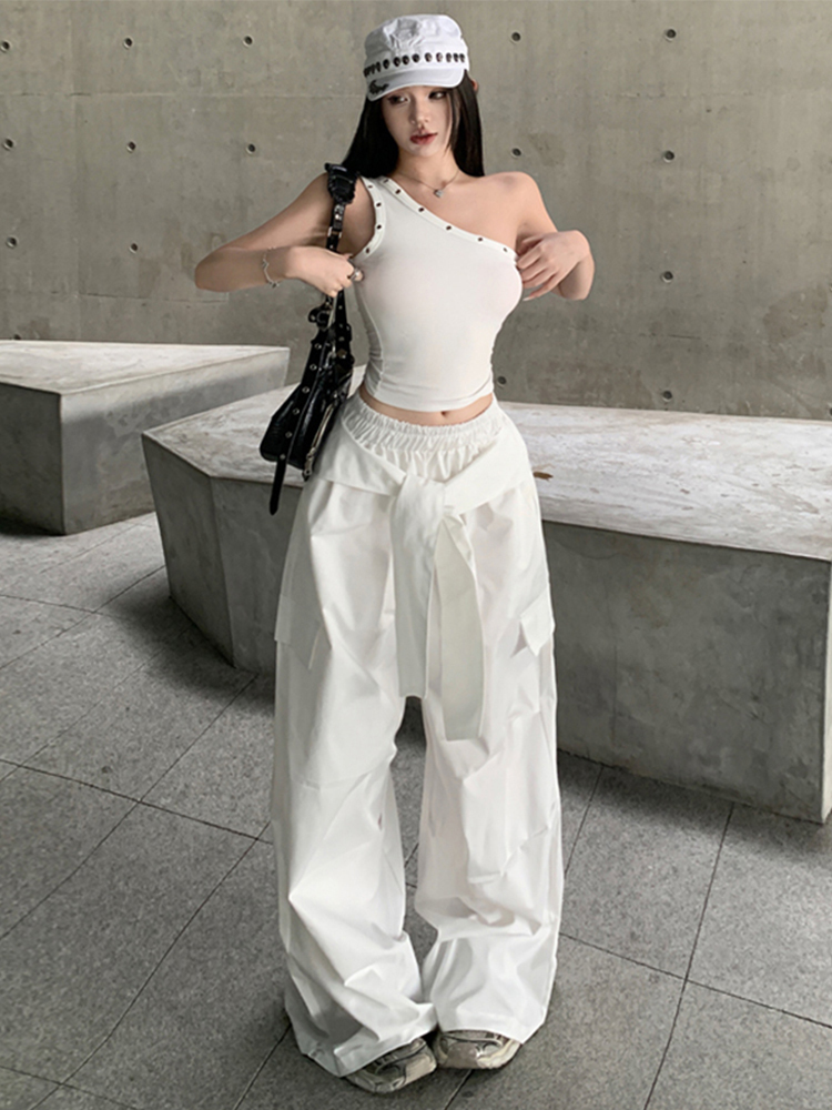 Casual Wide-Leg Cargo Pants for Women - Drawstring Elastic Waist, Trendy Sports Style, Loose Fit Dance Trousers