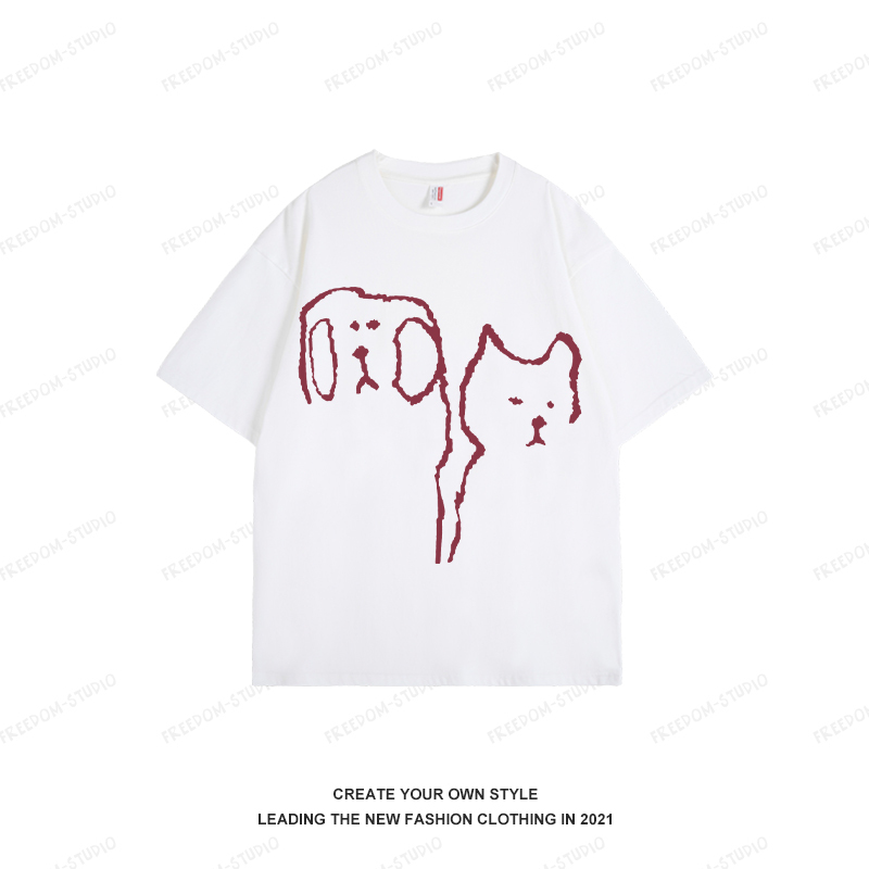 Cat and Dog Print Short Sleeve Women's T-Shirt - 2025 Summer Couple Outfit, Pure Cotton Round Neck, Casual Style