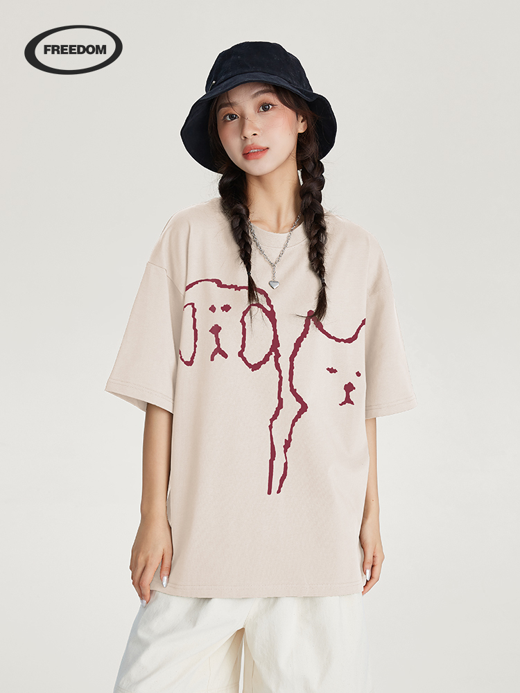 Cat and Dog Print Short Sleeve Women's T-Shirt - 2025 Summer Couple Outfit, Pure Cotton Round Neck, Casual Style