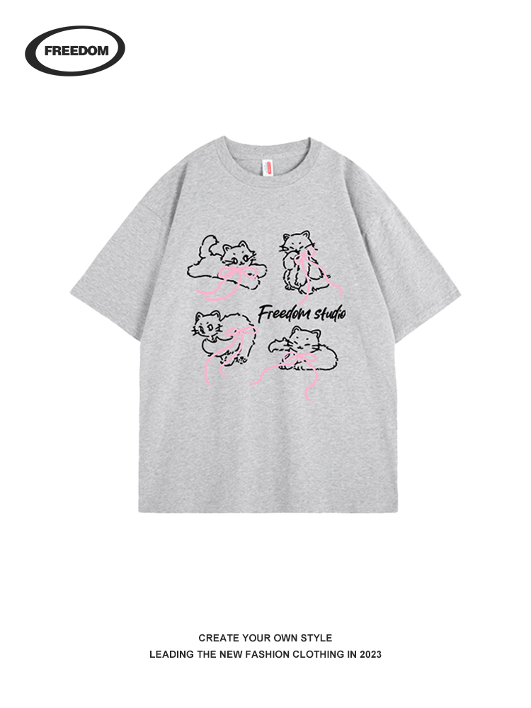 Cat Bow Print Short Sleeve T-Shirt for Women - Summer 90s Niche Sweet Cool Pure Cotton Top