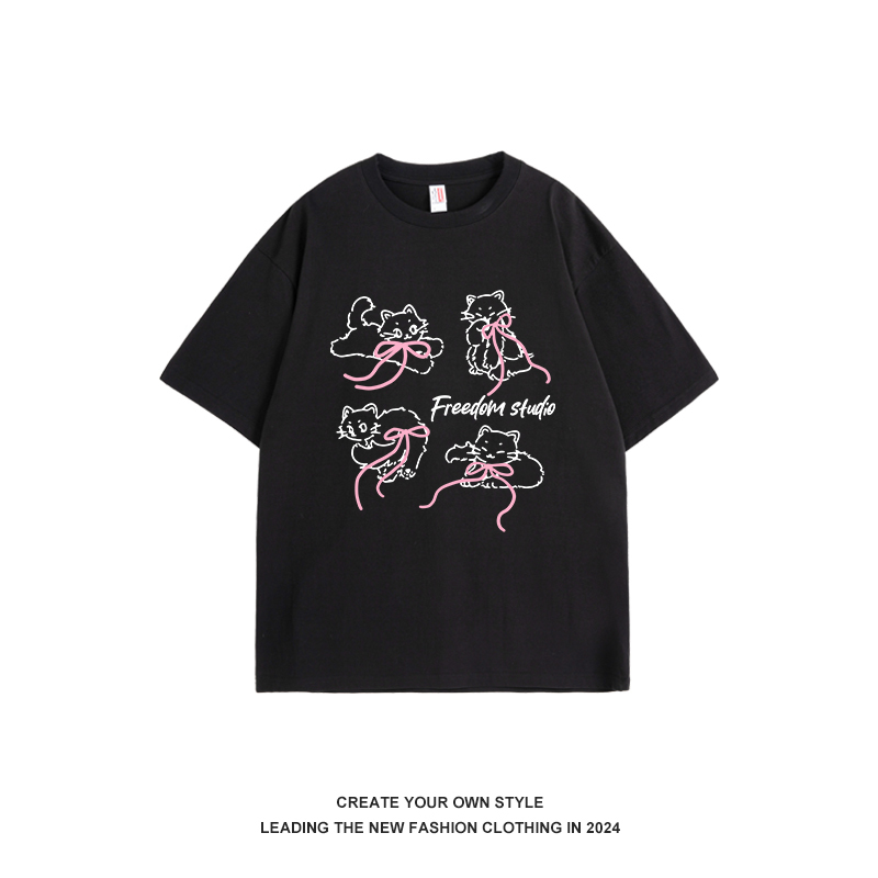Cat Bow Print Short Sleeve T-Shirt for Women - Summer 90s Niche Sweet Cool Pure Cotton Top