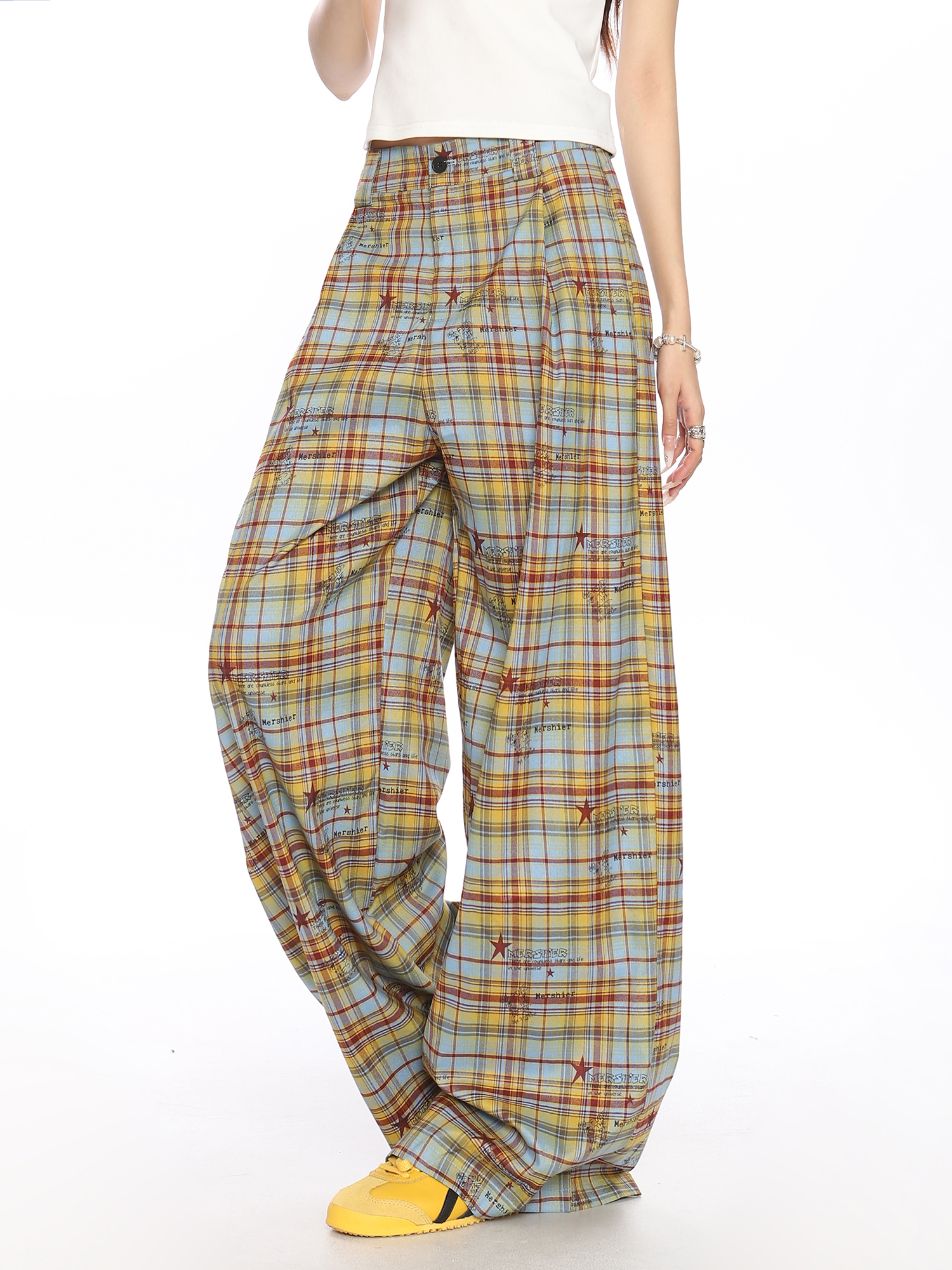 Checkered Color-Blocking Wide-Leg Pants for Women - Casual Summer Striped Draped Trousers, Versatile Y2K Fashion