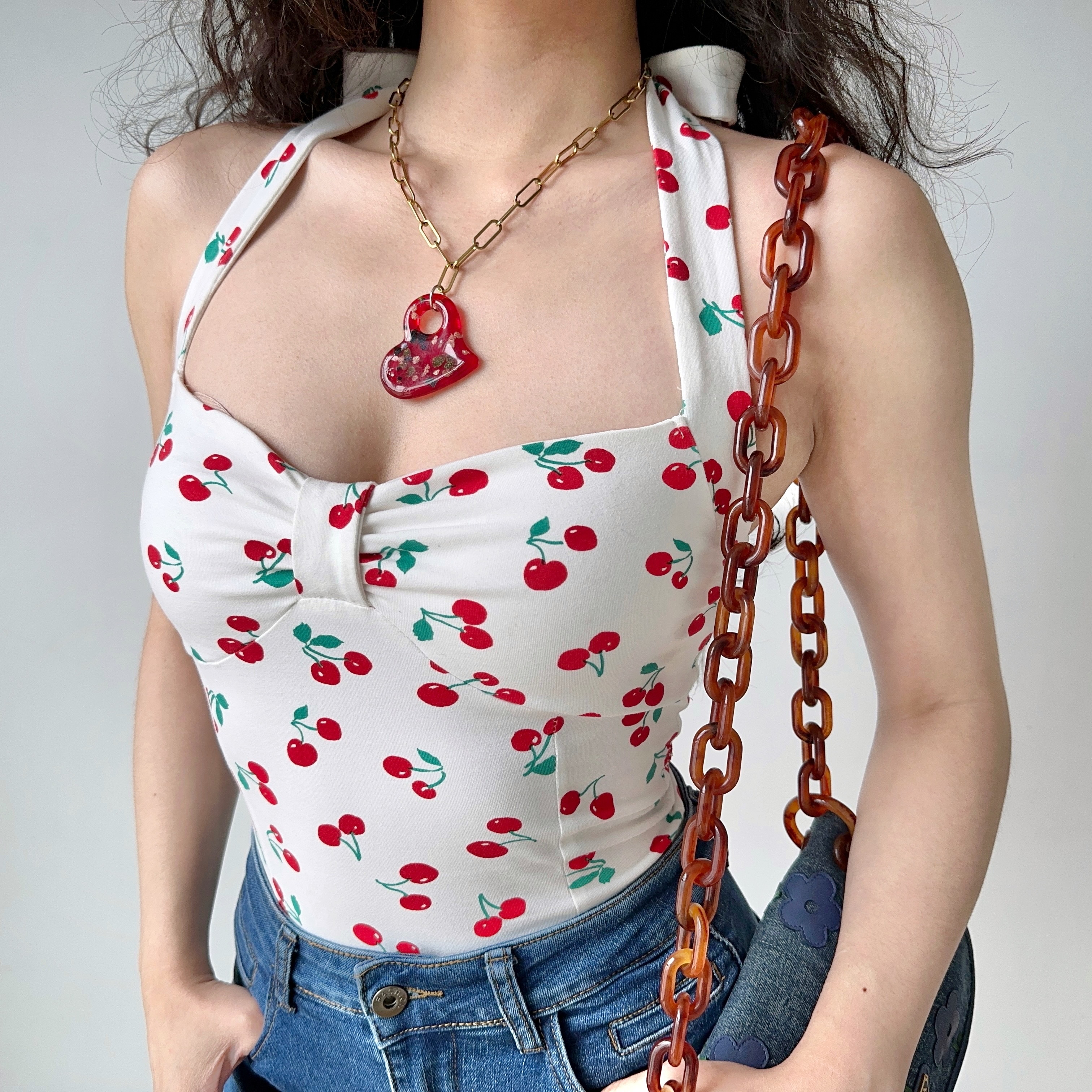 Cherry Print Bow Tie Halter Top - Women's Slim Fit Camisole - Summer European American Style - Trendy Y2K Fashion