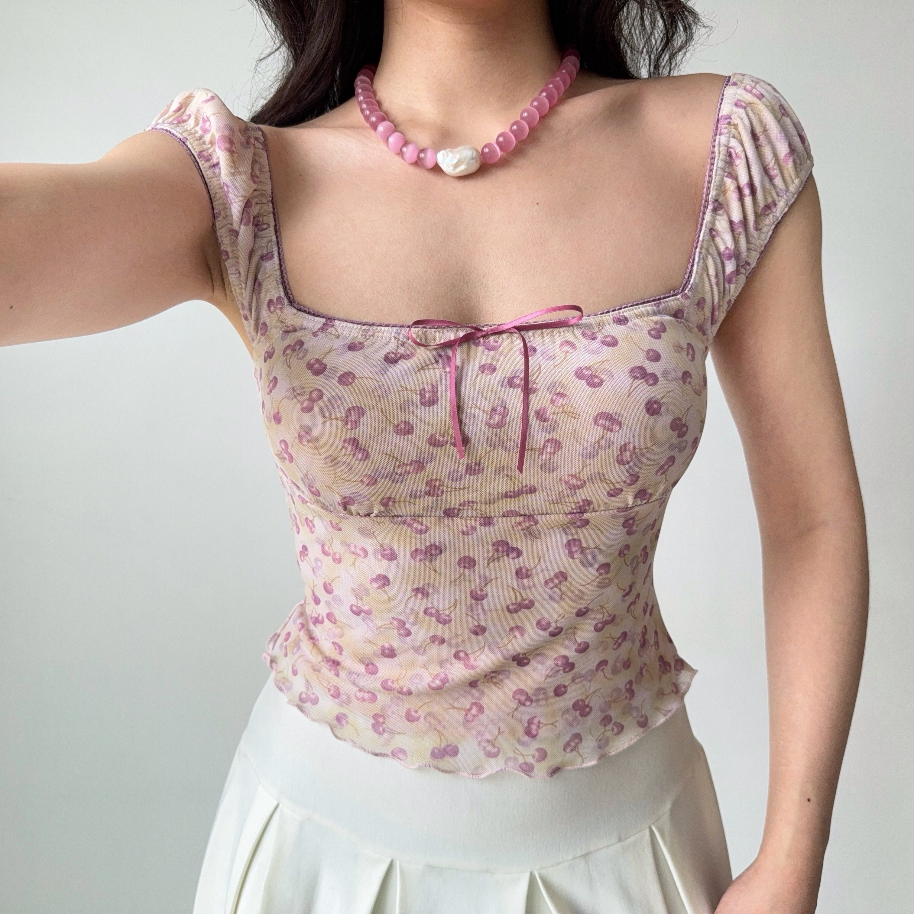 Cherry Print Square Neck Short Sleeve Crop Top for Women - Summer Slim Fit T-shirt in European & American Style, Y2K Fashion