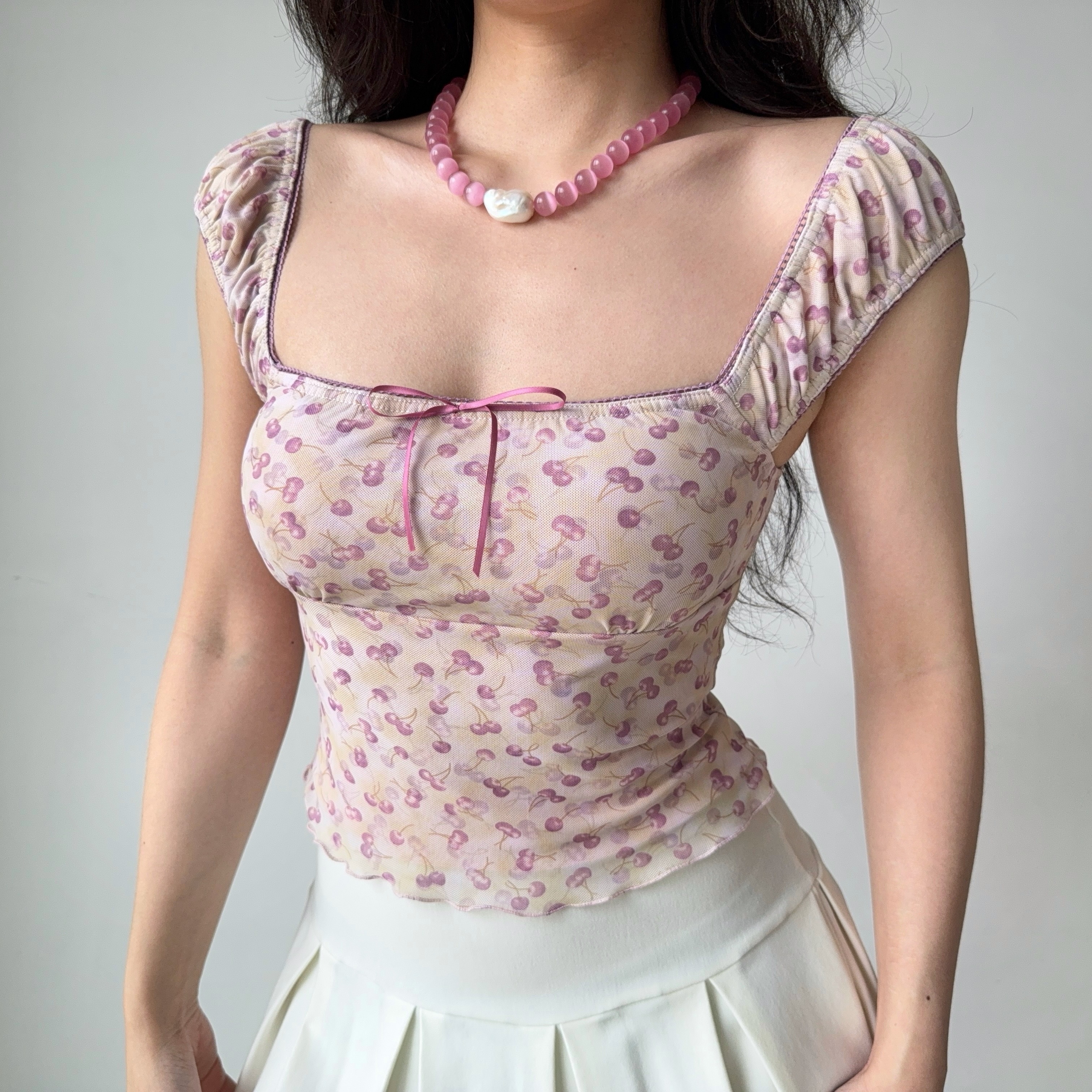 Cherry Print Square Neck Short Sleeve Crop Top for Women - Summer Slim Fit T-shirt in European & American Style, Y2K Fashion