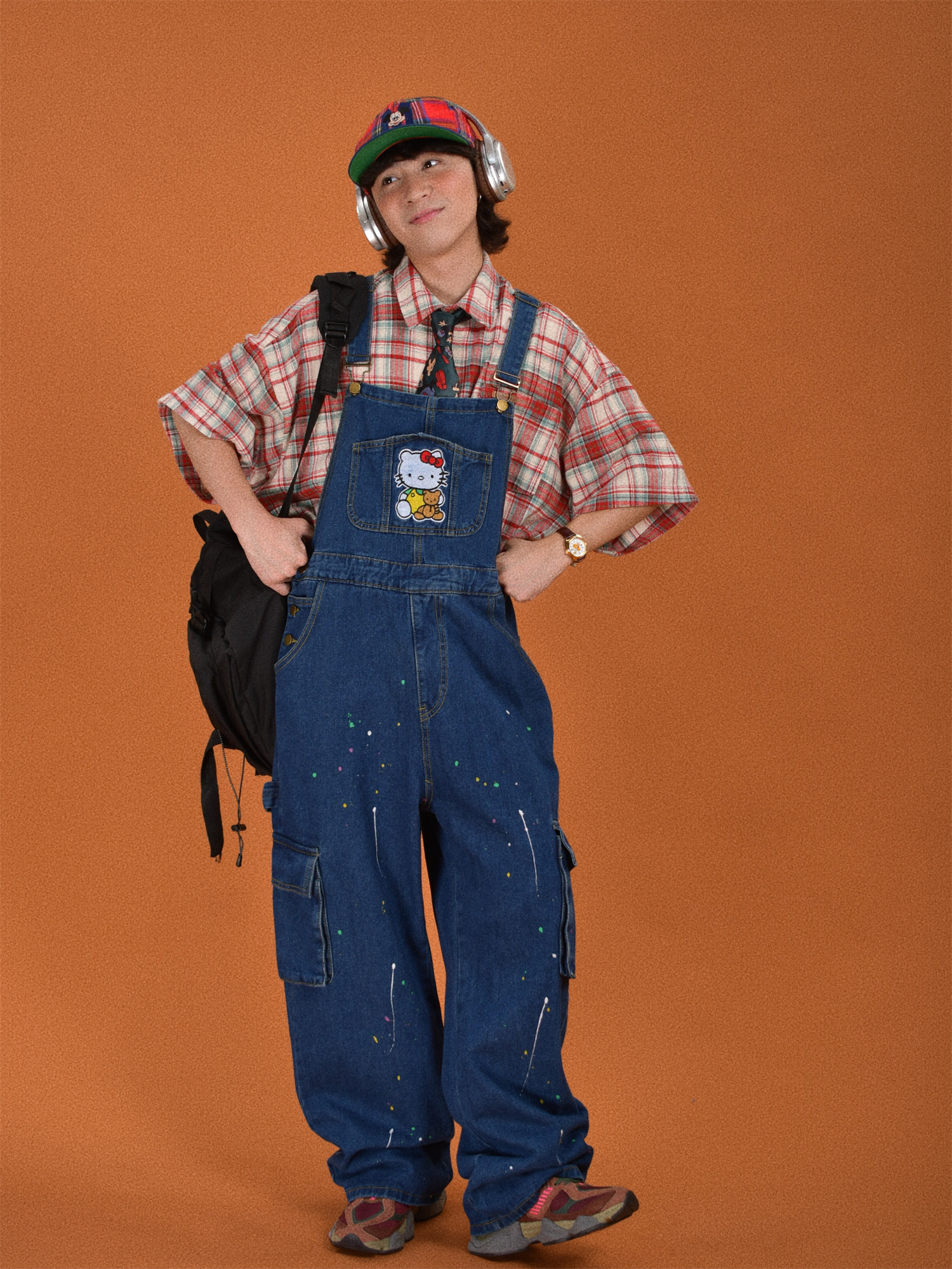 Childlike Retro Workwear Pocket Suspender Pants - Vintage Splash Paint Denim Floor-Length Trousers for Couples, Y2K Trend