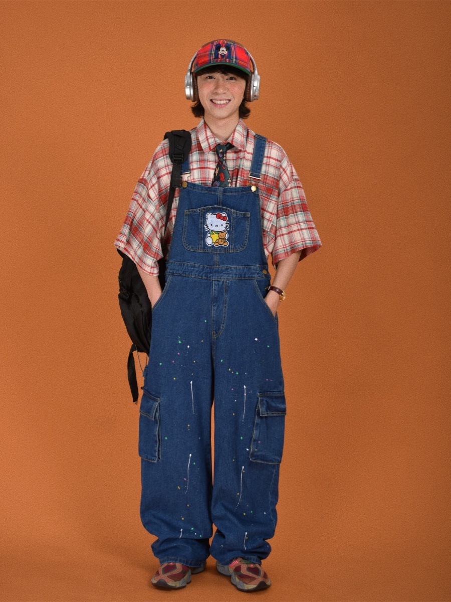 Childlike Retro Workwear Pocket Suspender Pants - Vintage Splash Paint Denim Floor-Length Trousers for Couples, Y2K Trend