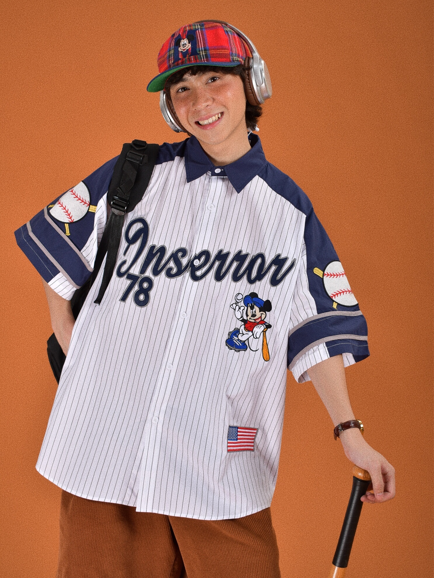 Childlike Striped Cartoon Embroidered Short Sleeve Shirt - Loose Fit Retro American Sports Style