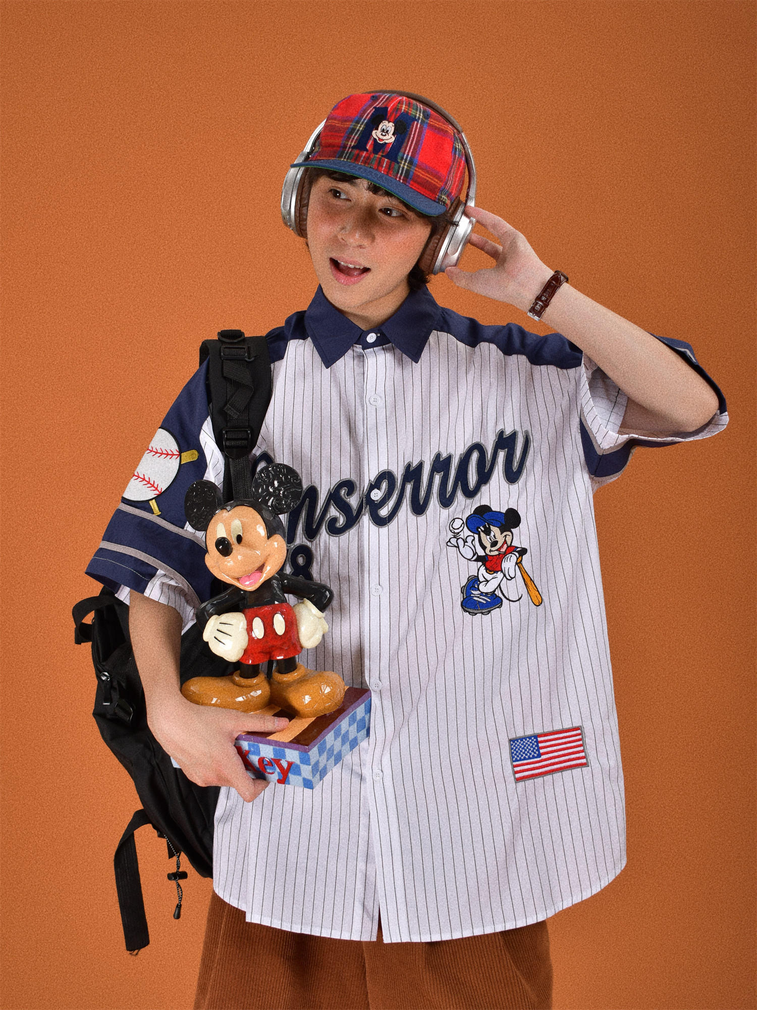 Childlike Striped Cartoon Embroidered Short Sleeve Shirt - Loose Fit Retro American Sports Style