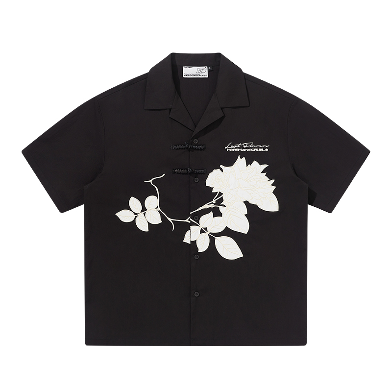 Chinese Style Buttoned Short-Sleeve Shirt with Patch Embroidery - Trendy Y2K Fashion for a Chic Look