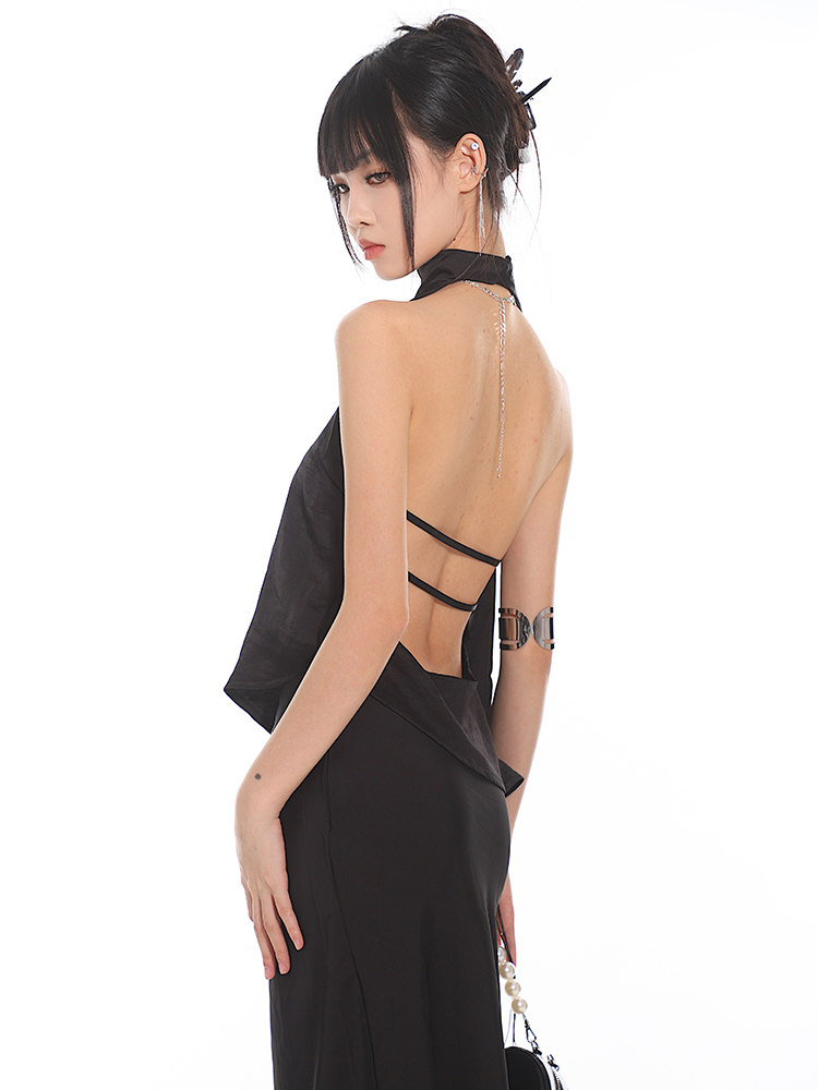 Chinese Style Dark Satin Halter Backless Vest and Mermaid Skirt Set - Slimming Elegant Outfit for Y2K and 90s Fashion
