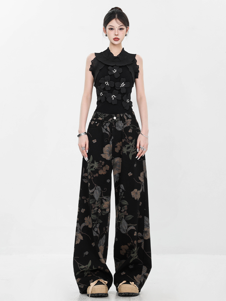 Chinese Style Printed Wide-Leg Jeans for Women, Washed Black Straight-Leg Floor-Length Pants, 2025 Early Autumn Fashion