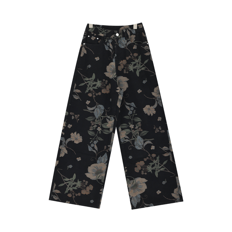 Chinese Style Printed Wide-Leg Jeans for Women, Washed Black Straight-Leg Floor-Length Pants, 2025 Early Autumn Fashion