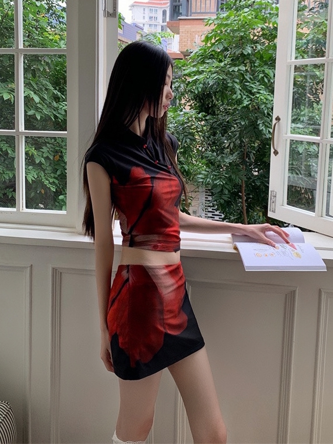 Chinese Style Qipao Collar Button Short Top and Pants Set - Three-Dimensional Printed Summer Outfit for a Chic Look