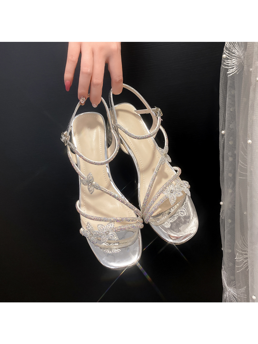 Chunky Heel Open-Toe Silver Rhinestone Sandals for Women with Stunning Bowknot Crystal Detail - Summer Fashion Must-Have