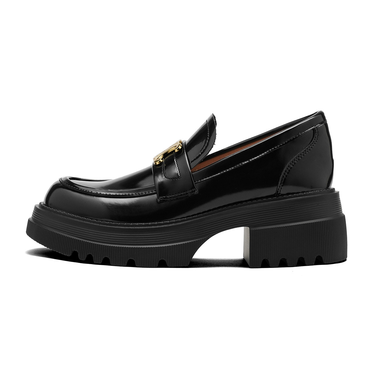 Chunky Heel Thick-Soled Loafers for Women - British Style Black Slip-On Leather Flats with Height-Increasing Design