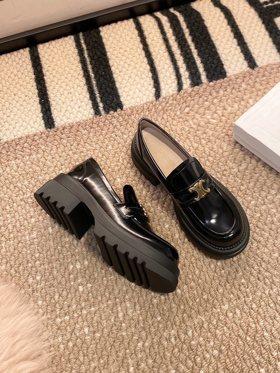 Chunky Heel Thick-Soled Loafers for Women - British Style Black Slip-On Leather Flats with Height-Increasing Design