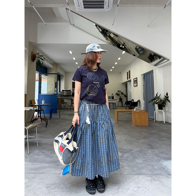 Coffee Checkered Elastic Waist Cake Half Skirt for Women - Slimming Long Summer Style