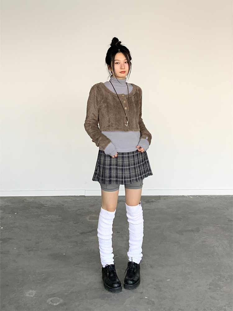 Coffee Color Floral Gray Layered Minimalist Plush Knitted Cardigan for Autumn and Winter