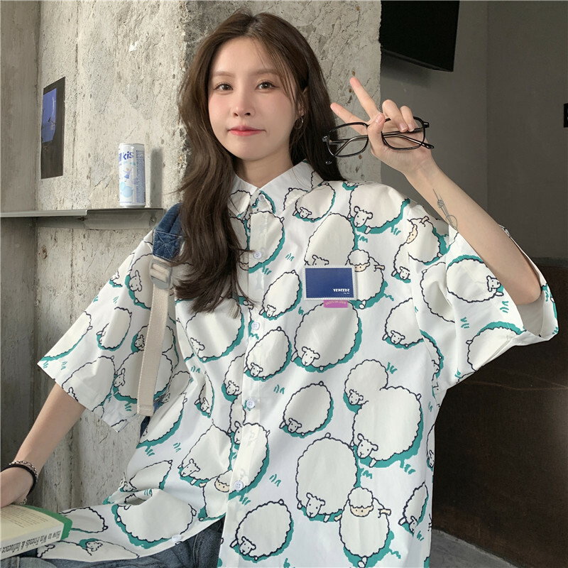 College Style Cartoon Girl Short Sleeve Blouse - Summer Loose Fit Printed Top for Students - Trendy Hong Kong Style