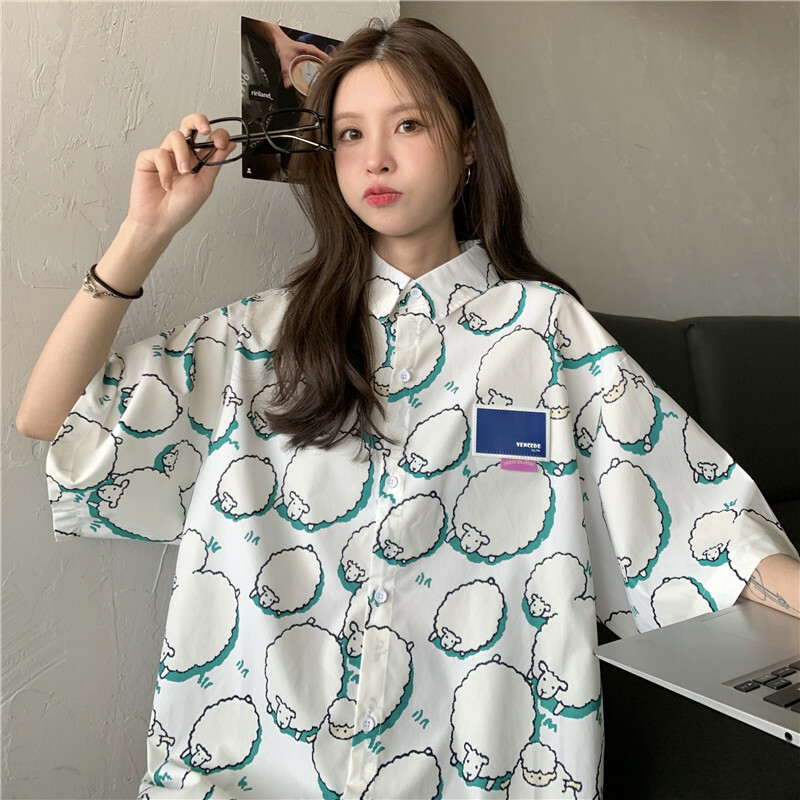College Style Cartoon Girl Short Sleeve Blouse - Summer Loose Fit Printed Top for Students - Trendy Hong Kong Style