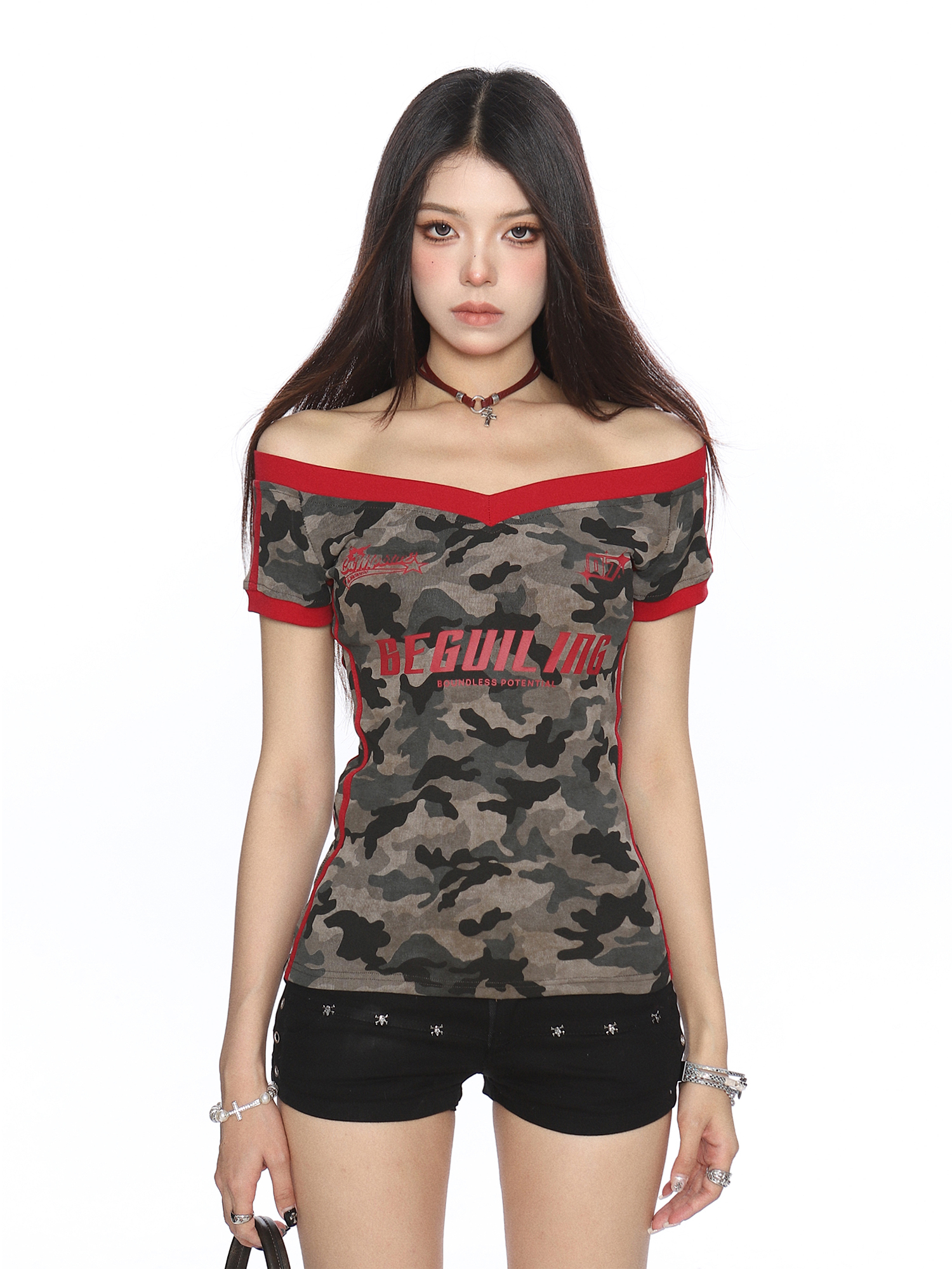 Color-Block Camouflage One-Shoulder T-Shirt for Women – Slim Fit Summer Top – Trendy American Style Spicy Girl Fashion