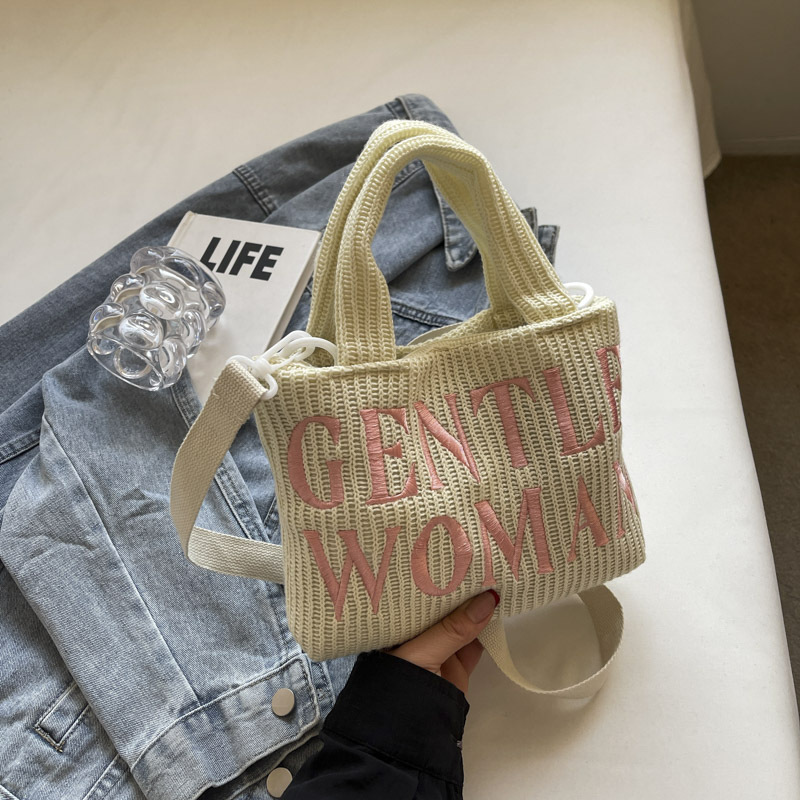 Color-Block Casual Knitted Tote Shoulder Bag with Embroidered 'Gentle Woman' - Trendy 2025 Accessory for Everyday Style