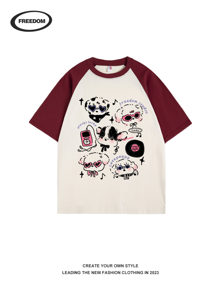 Color-Block Graffiti Music Printed T-Shirt for Women - American Style Short Sleeve Round Neck Summer Top