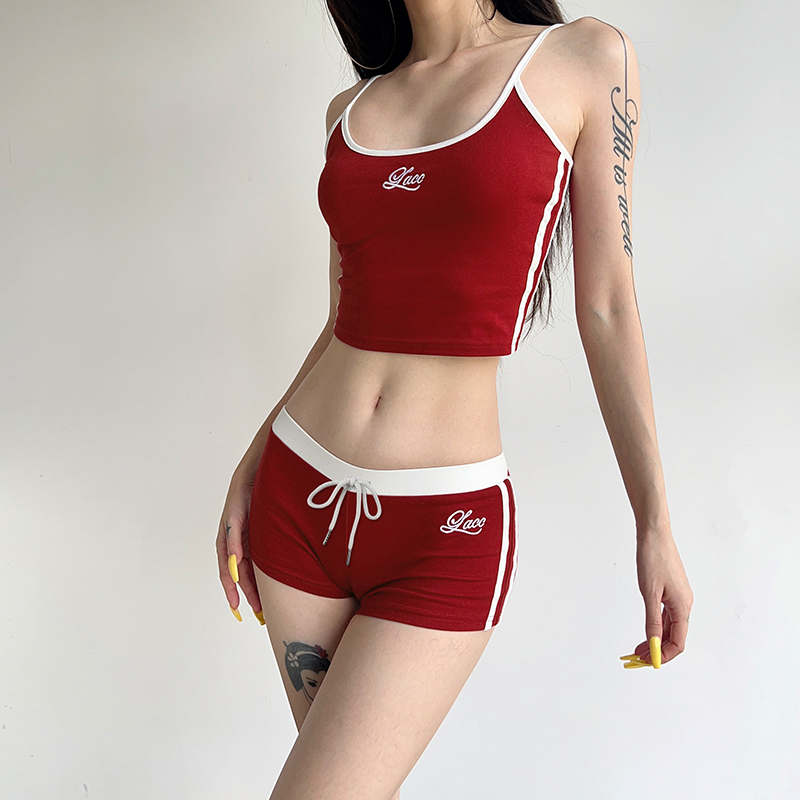 Color Block Letter Print Camisole and Shorts Two-Piece Set for Home Leisure, Trendy Thorny Rose Design, Comfortable Y2K Style