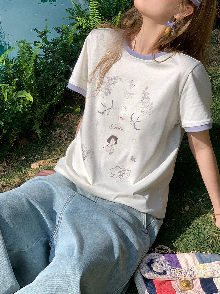 Color Block Printed Short Sleeve T-Shirt for Women - Vintage Wisteria Breeze, Loose Fit, Summer Cotton Top, Casual 90s Style