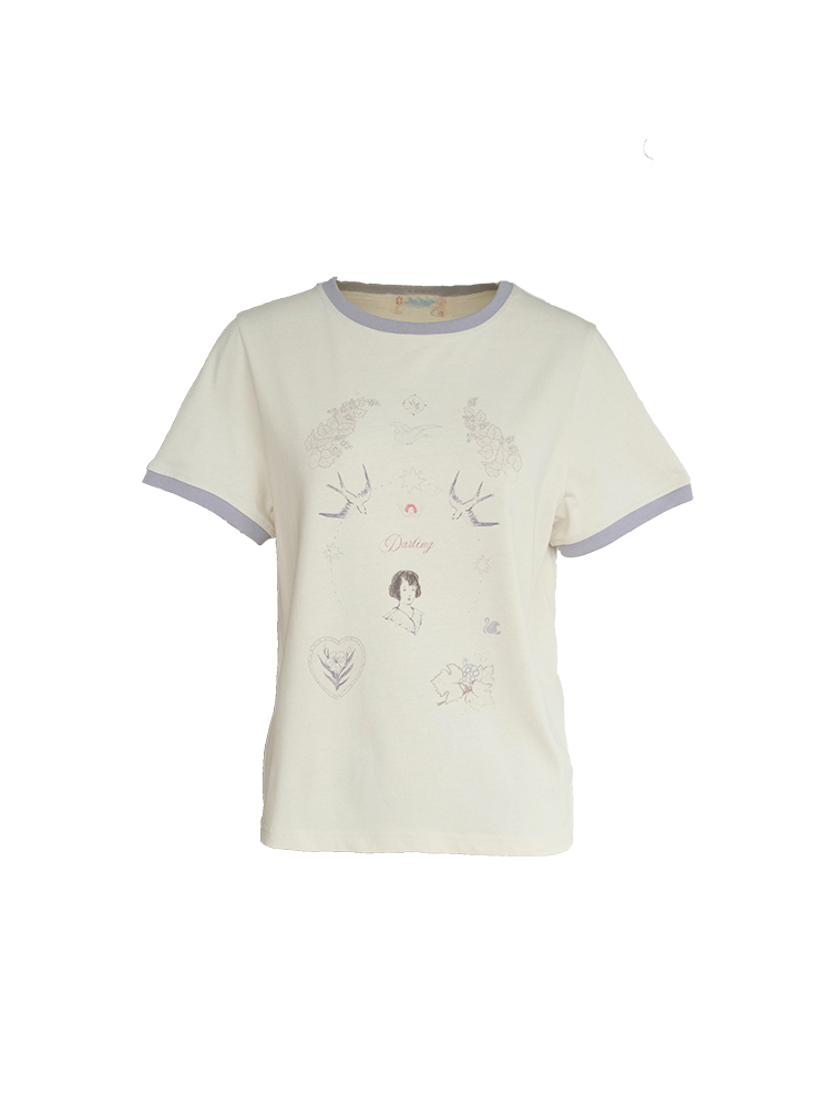 Color Block Printed Short Sleeve T-Shirt for Women - Vintage Wisteria Breeze, Loose Fit, Summer Cotton Top, Casual 90s Style
