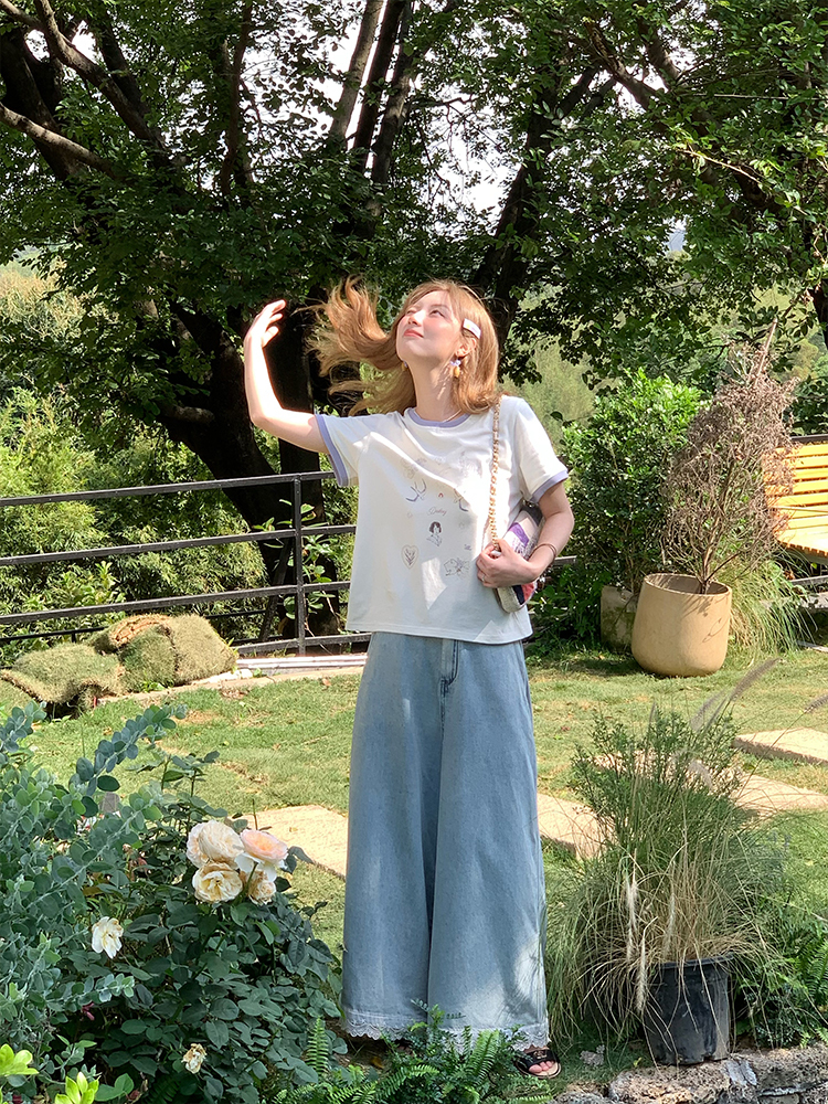 Color Block Printed Short Sleeve T-Shirt for Women - Vintage Wisteria Breeze, Loose Fit, Summer Cotton Top, Casual 90s Style
