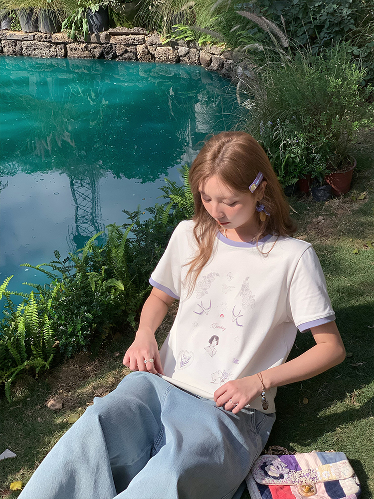 Color Block Printed Short Sleeve T-Shirt for Women - Vintage Wisteria Breeze, Loose Fit, Summer Cotton Top, Casual 90s Style