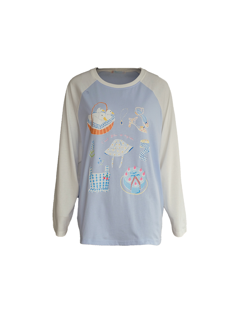 Color-Block Pure Cotton Long Sleeve T-Shirt for Women, Loose Fit Raglan Sleeve Round Neck Top - Vintage Spring Autumn Style