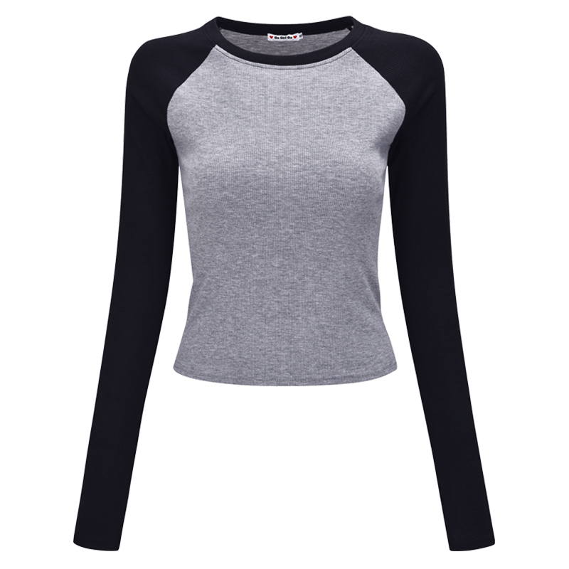 Color Block Raglan Sleeve Long Sleeve T-shirt for Women - Vintage Style Round Neck High Waist Slim Fit Top