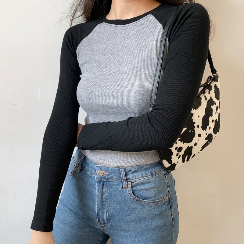 Color Block Raglan Sleeve Long Sleeve T-shirt for Women - Vintage Style Round Neck High Waist Slim Fit Top