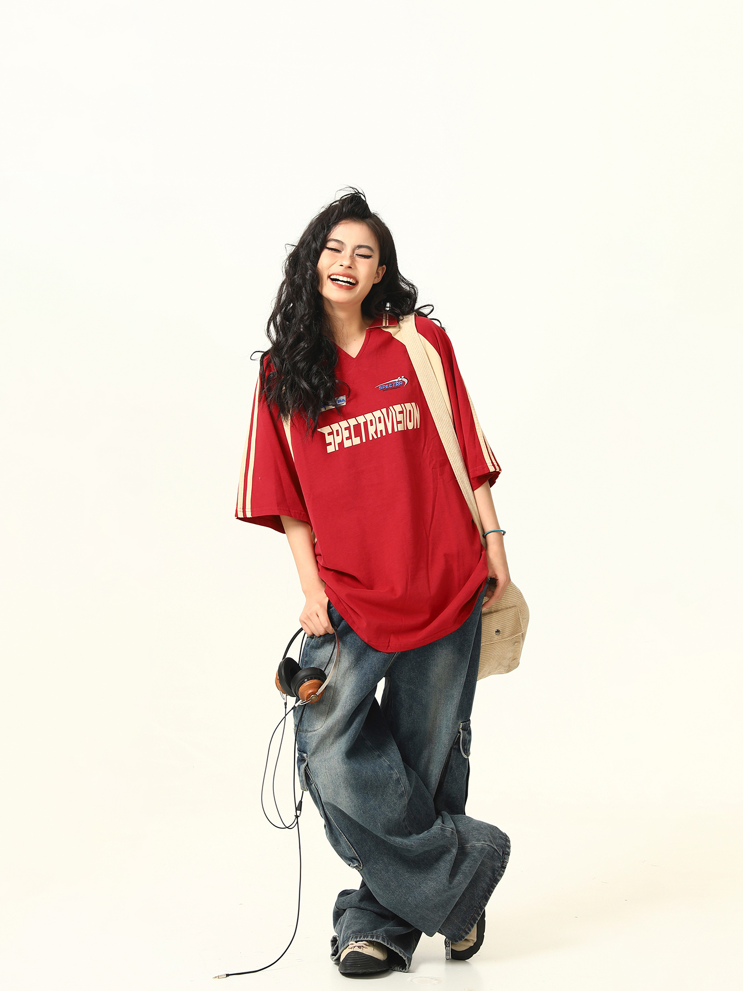 Color-Block Red Short Sleeve T-Shirt for Women - Vintage American Style Loose Polo Collar Top - Summer 90s Fashion Essential