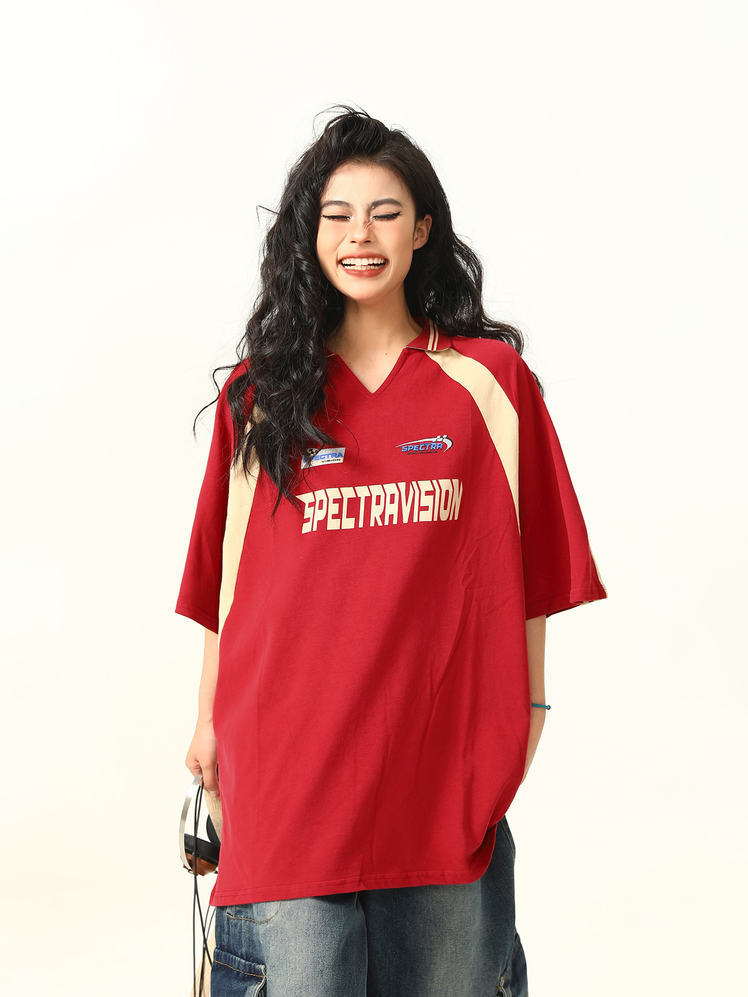 Color-Block Red Short Sleeve T-Shirt for Women - Vintage American Style Loose Polo Collar Top - Summer 90s Fashion Essential