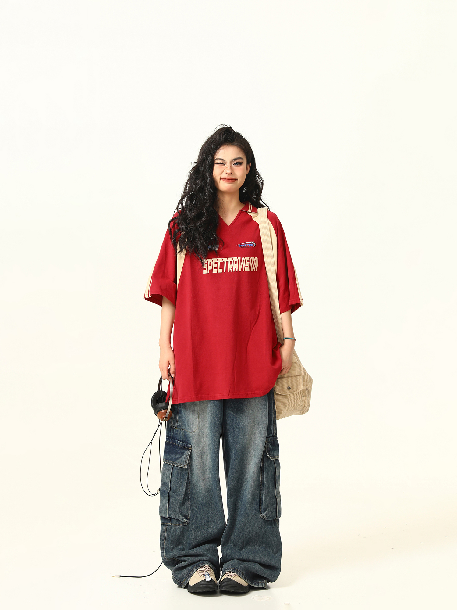Color-Block Red Short Sleeve T-Shirt for Women - Vintage American Style Loose Polo Collar Top - Summer 90s Fashion Essential