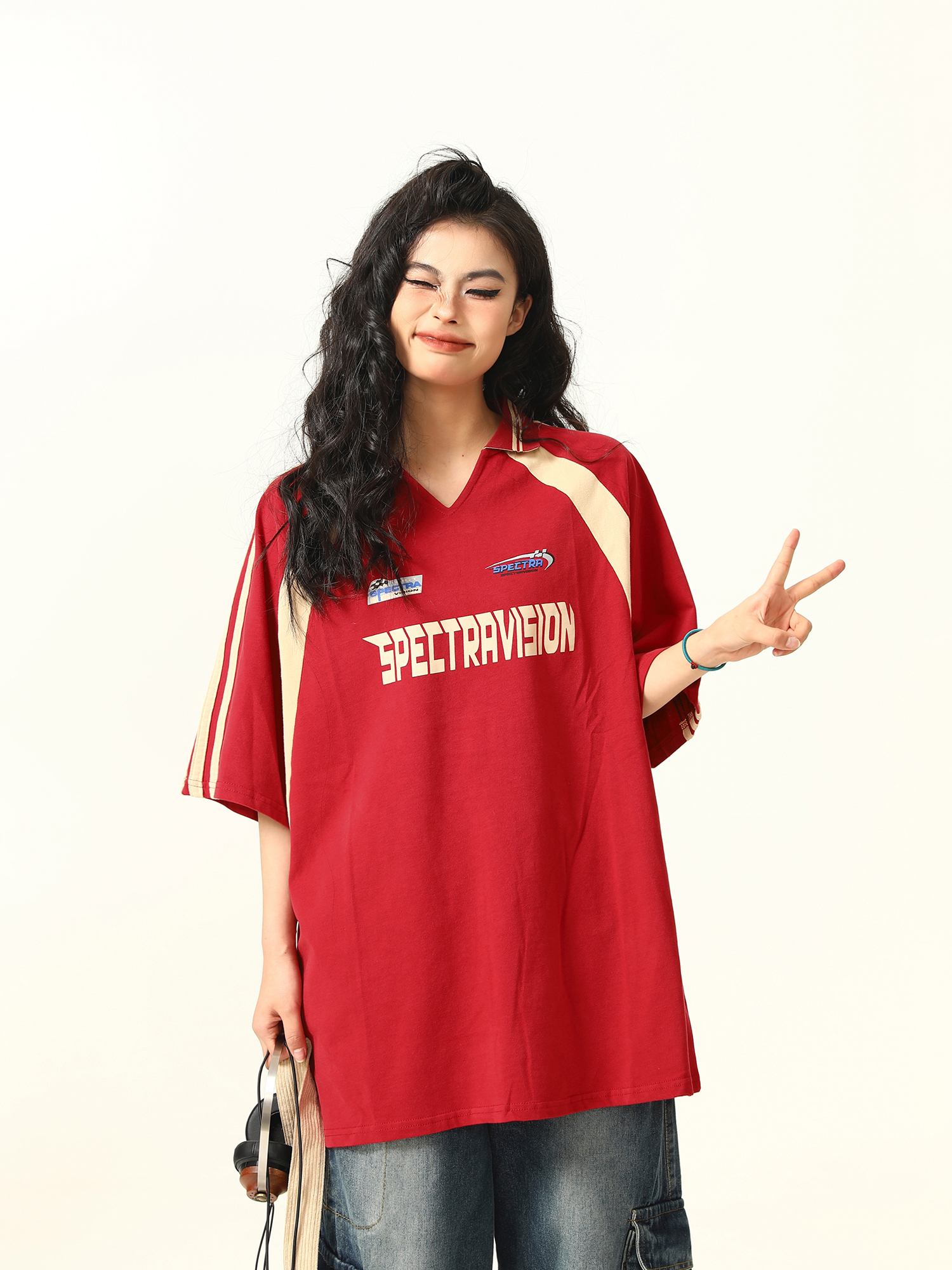 Color-Block Red Short Sleeve T-Shirt for Women - Vintage American Style Loose Polo Collar Top - Summer 90s Fashion Essential