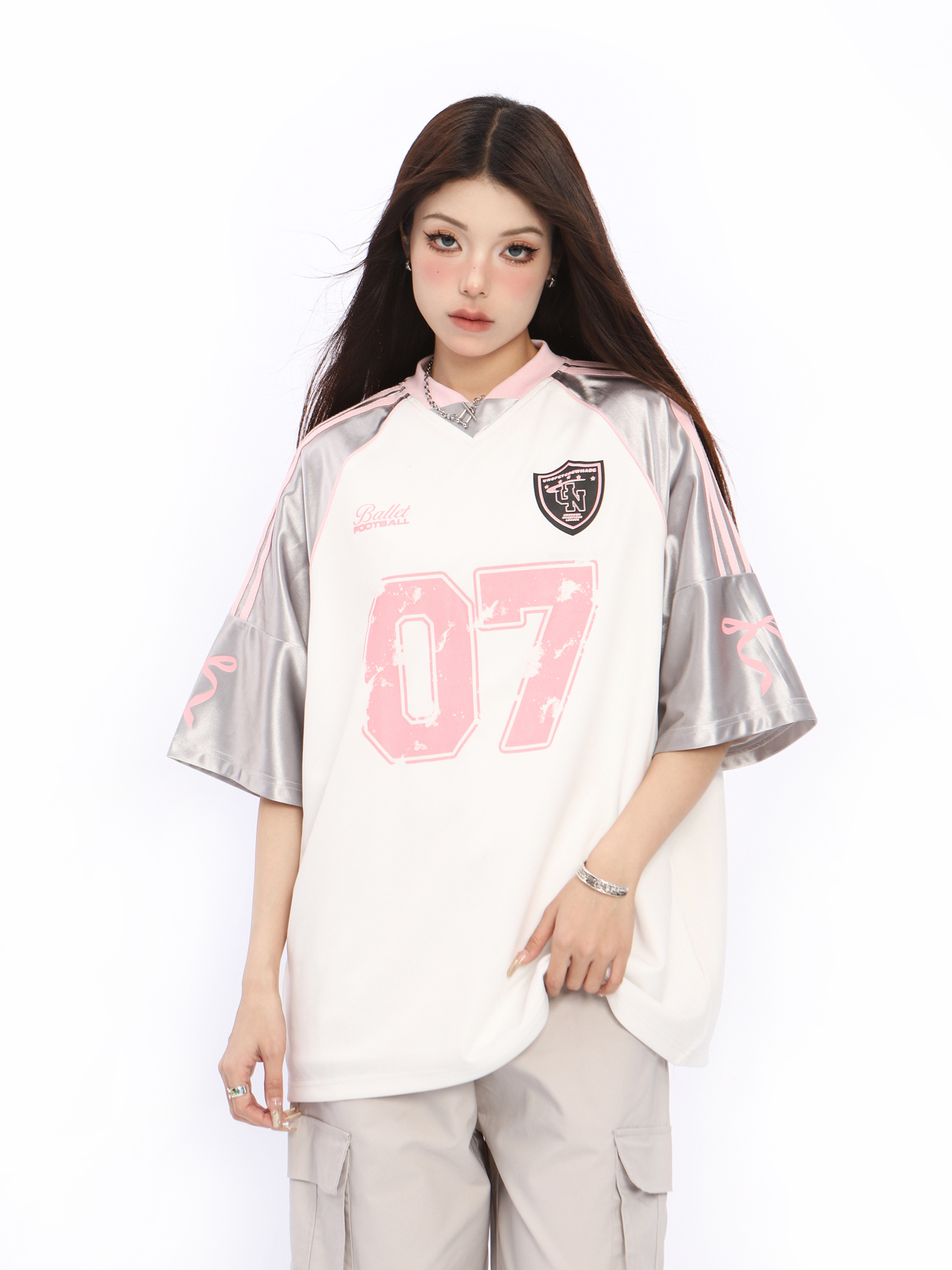 Color Block Short Sleeve V-Neck T-Shirt for Women - American Style Silver Sports Jersey - Summer Casual Top