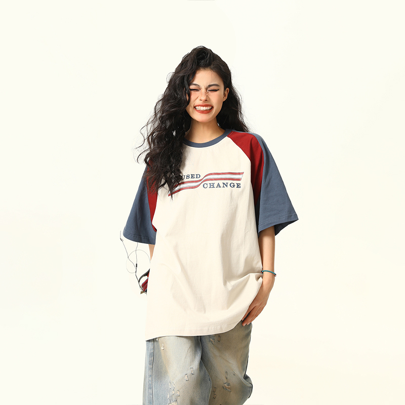 Color Block Spliced Raglan Short Sleeve T-Shirt for Couples - Vintage American Style Unisex Loose Fit Tee