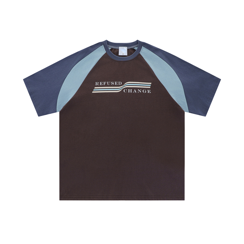Color Block Spliced Raglan Short Sleeve T-Shirt for Couples - Vintage American Style Unisex Loose Fit Tee
